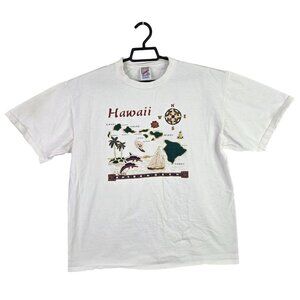 Mens Vintage Jerzees White Hawaii Shirt Crew Neck Short Sleeve 100% Cotton XL